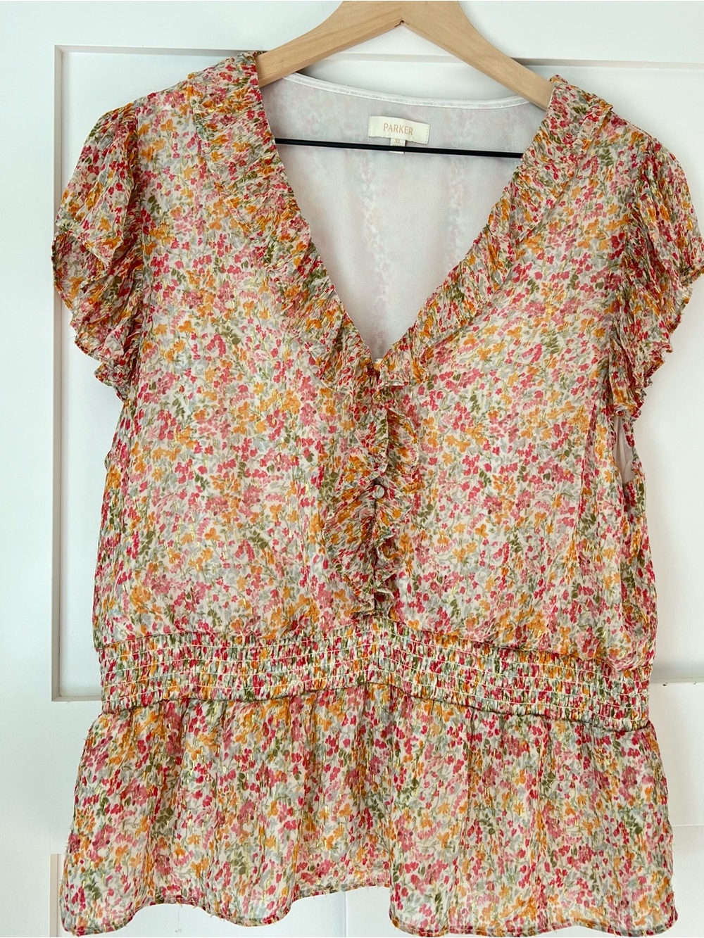 Parker Romantic Floral Metallic Ruched Flutter Sleeve Peplum Blouse XL